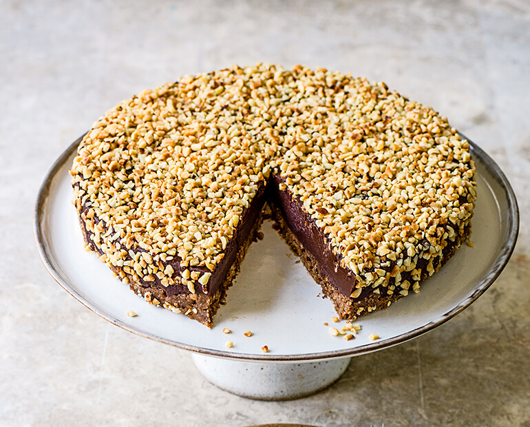 hazelnut torte on a cake stand